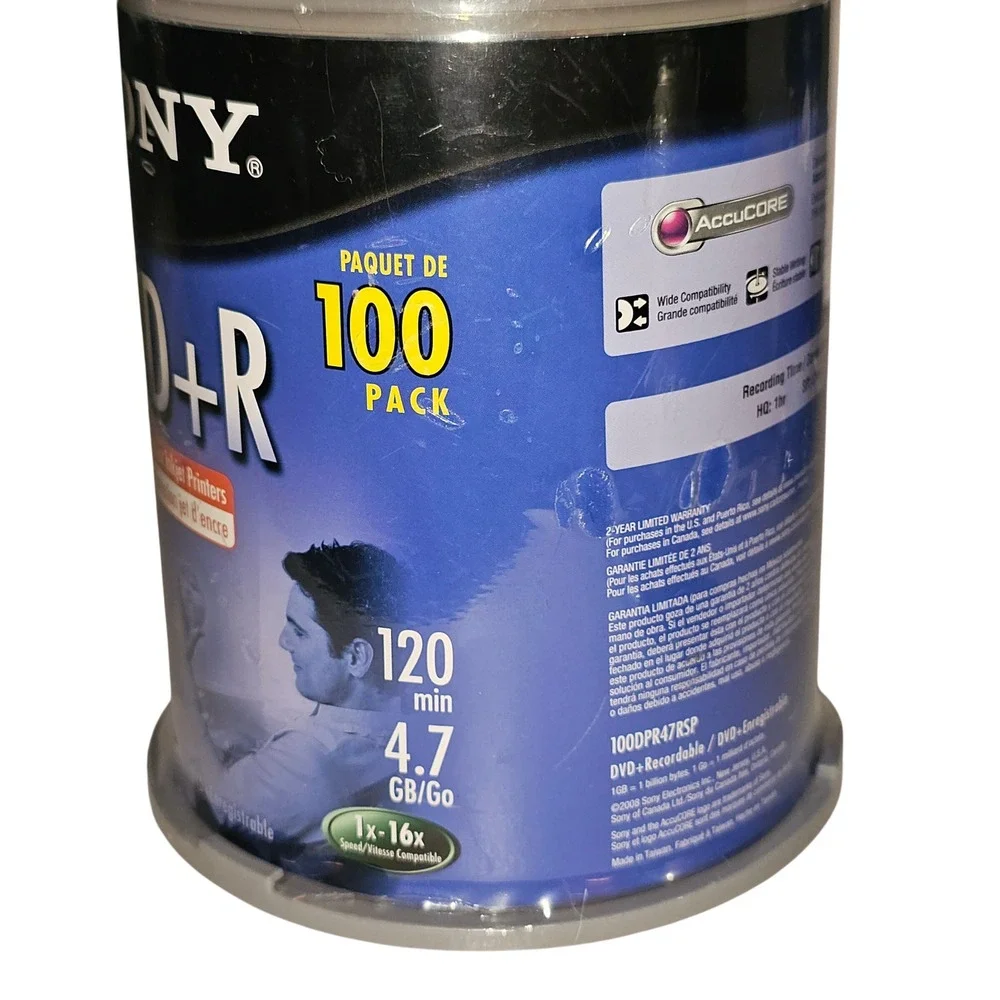 Sony DVD+R 4.7GB 120min 16x Inkjet Printable AccuCORE 100 Pack Spindle New Y2K